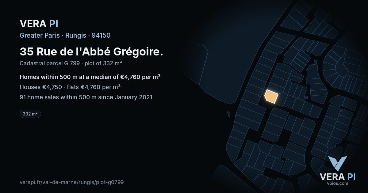 35 Rue de l'Abbé Grégoire, Rungis at night – the plot lit, the parcels around coloured by the prices near them