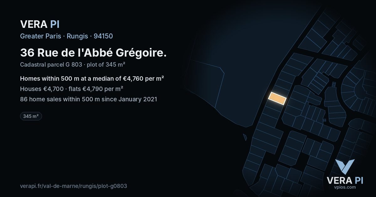 36 Rue de l'Abbé Grégoire, Rungis at night – the plot lit, the parcels around coloured by the prices near them