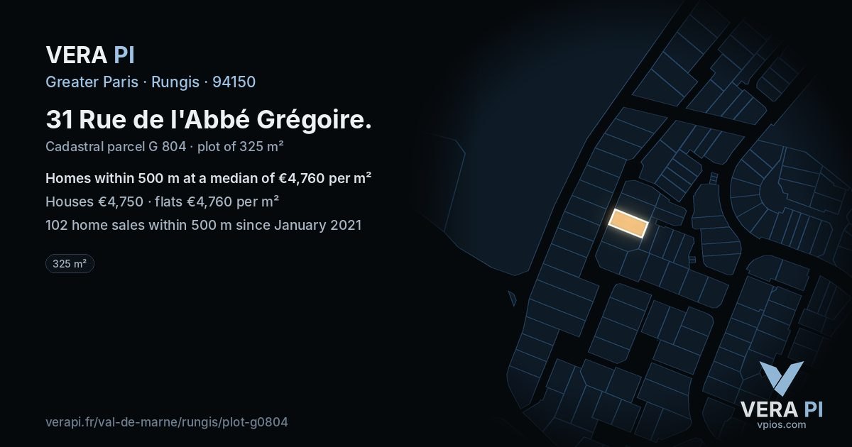 31 Rue de l'Abbé Grégoire, Rungis at night – the plot lit, the parcels around coloured by the prices near them