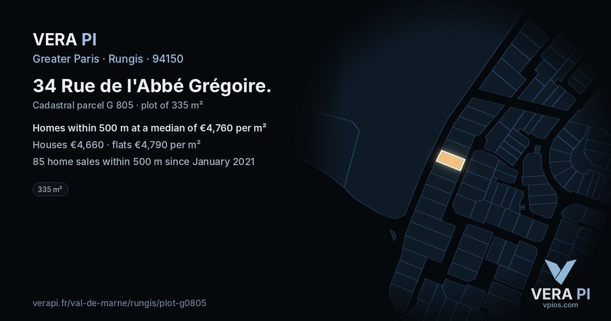 34 Rue de l'Abbé Grégoire, Rungis at night – the plot lit, the parcels around coloured by the prices near them