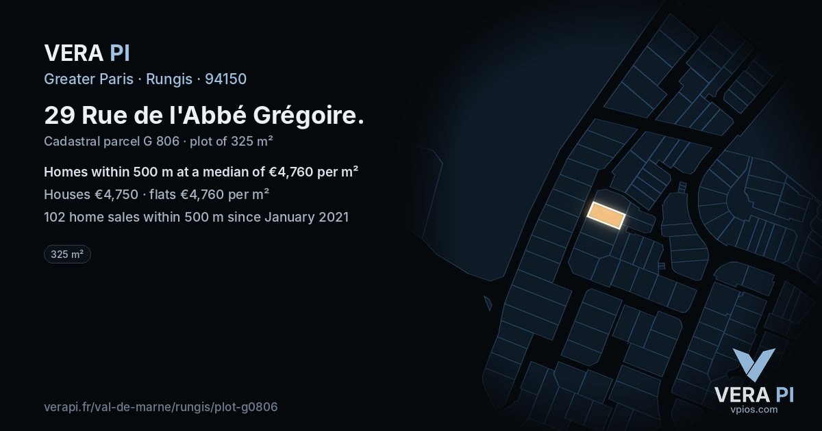 29 Rue de l'Abbé Grégoire, Rungis at night – the plot lit, the parcels around coloured by the prices near them