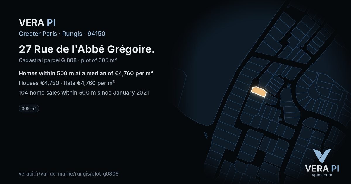27 Rue de l'Abbé Grégoire, Rungis at night – the plot lit, the parcels around coloured by the prices near them