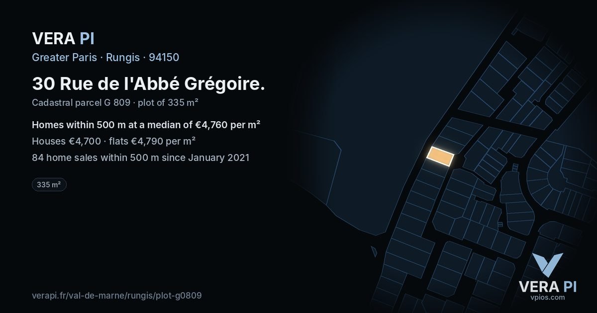 30 Rue de l'Abbé Grégoire, Rungis at night – the plot lit, the parcels around coloured by the prices near them
