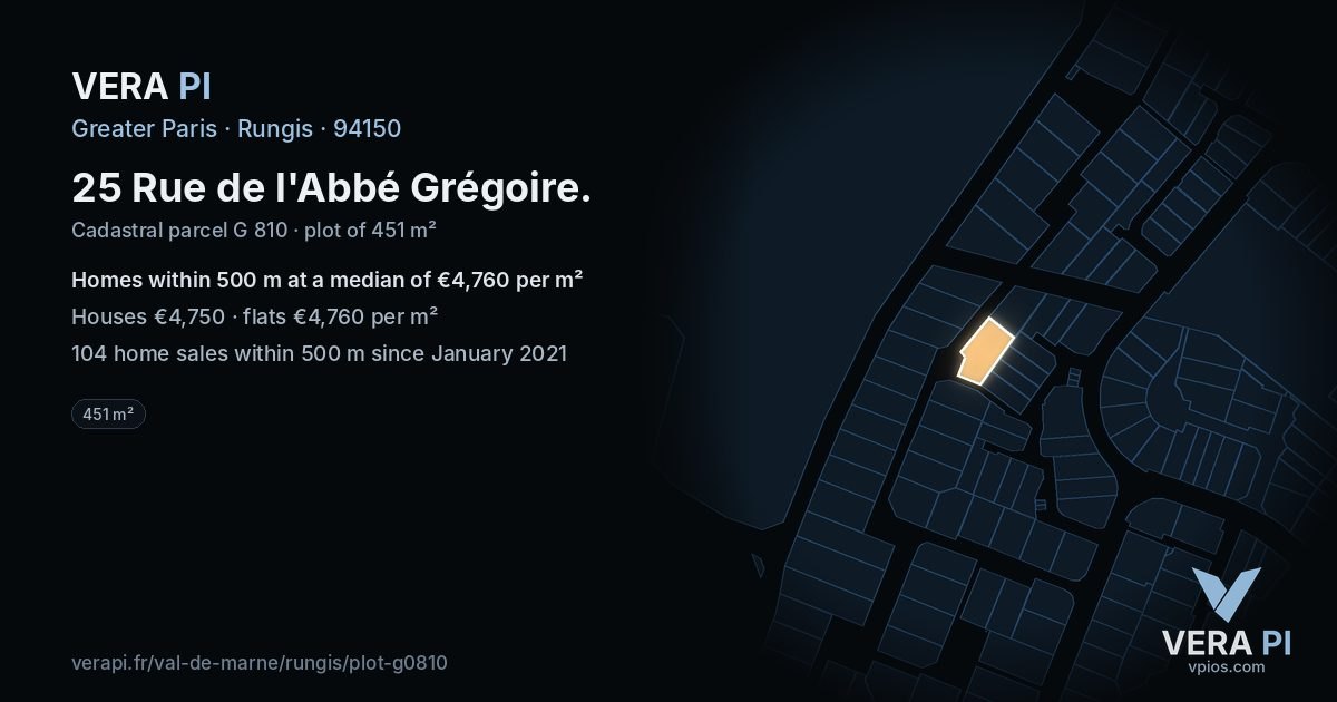 25 Rue de l'Abbé Grégoire, Rungis at night – the plot lit, the parcels around coloured by the prices near them
