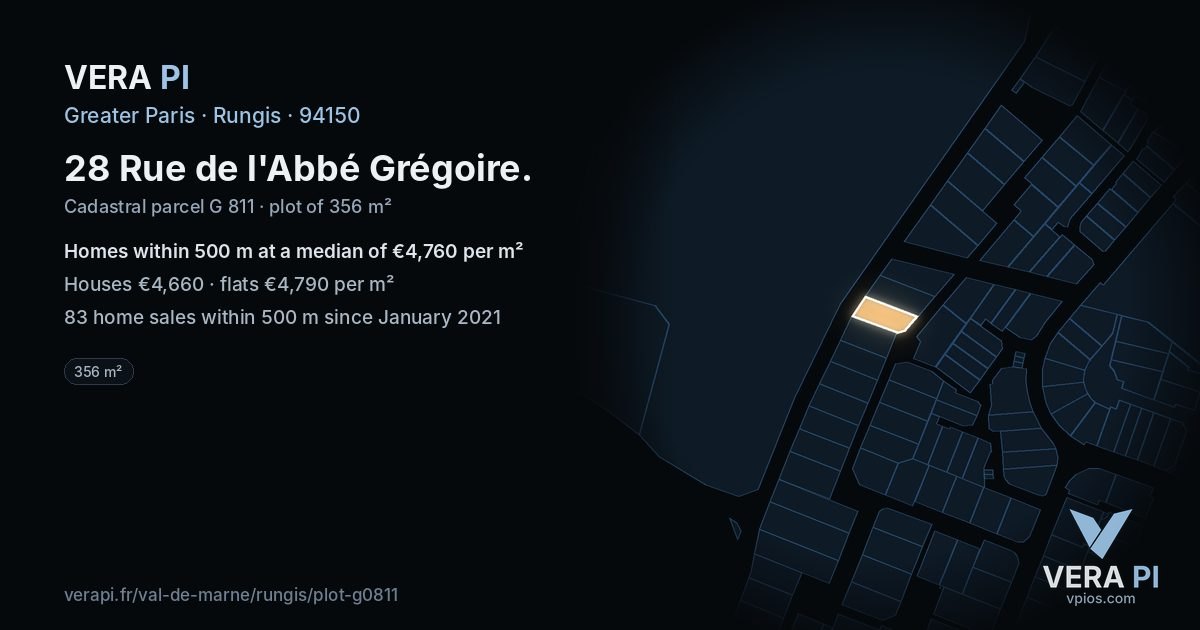 28 Rue de l'Abbé Grégoire, Rungis at night – the plot lit, the parcels around coloured by the prices near them