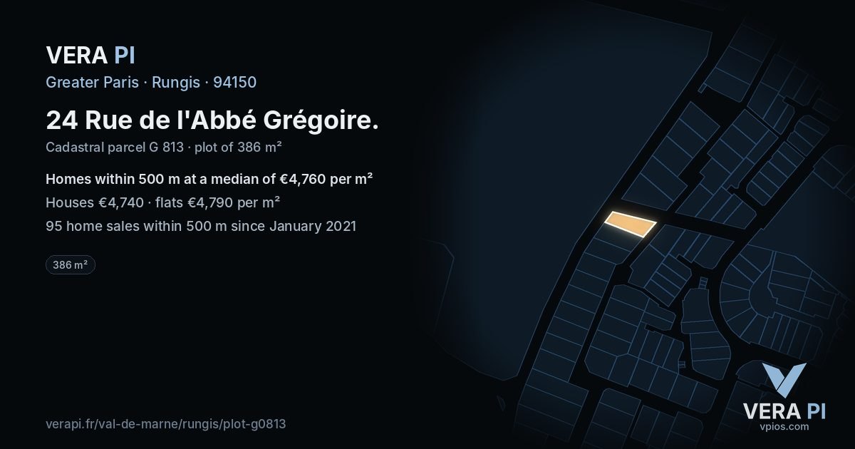24 Rue de l'Abbé Grégoire, Rungis at night – the plot lit, the parcels around coloured by the prices near them