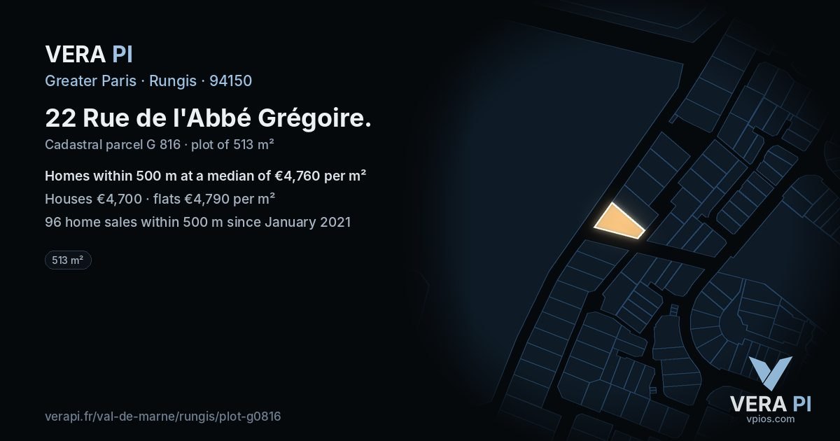 22 Rue de l'Abbé Grégoire, Rungis at night – the plot lit, the parcels around coloured by the prices near them
