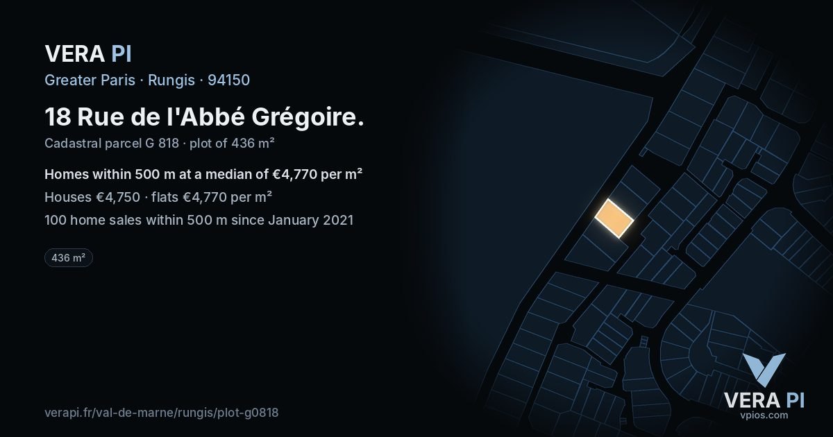 18 Rue de l'Abbé Grégoire, Rungis at night – the plot lit, the parcels around coloured by the prices near them