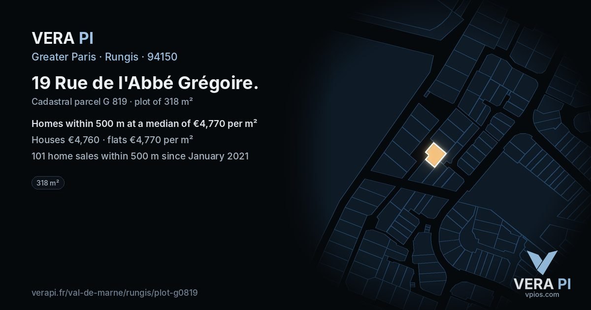 19 Rue de l'Abbé Grégoire, Rungis at night – the plot lit, the parcels around coloured by the prices near them
