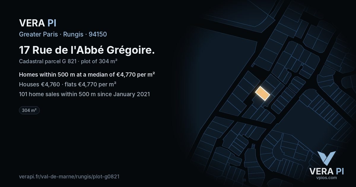 17 Rue de l'Abbé Grégoire, Rungis at night – the plot lit, the parcels around coloured by the prices near them