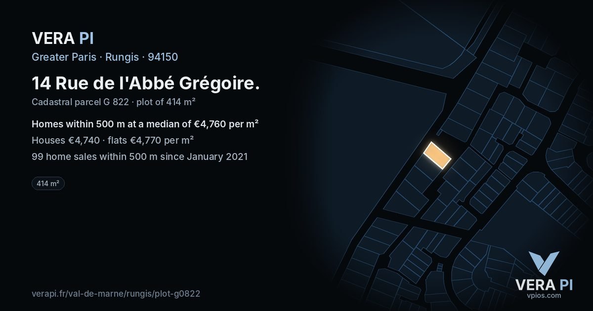 14 Rue de l'Abbé Grégoire, Rungis at night – the plot lit, the parcels around coloured by the prices near them