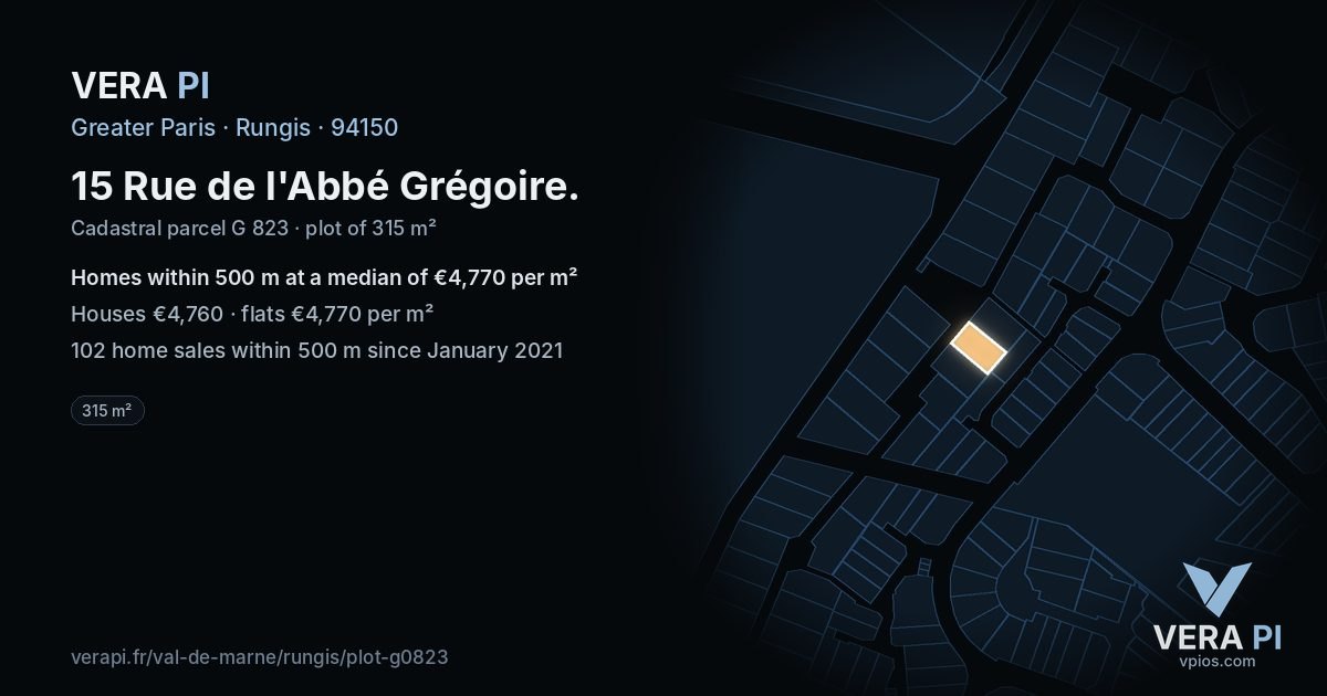 15 Rue de l'Abbé Grégoire, Rungis at night – the plot lit, the parcels around coloured by the prices near them