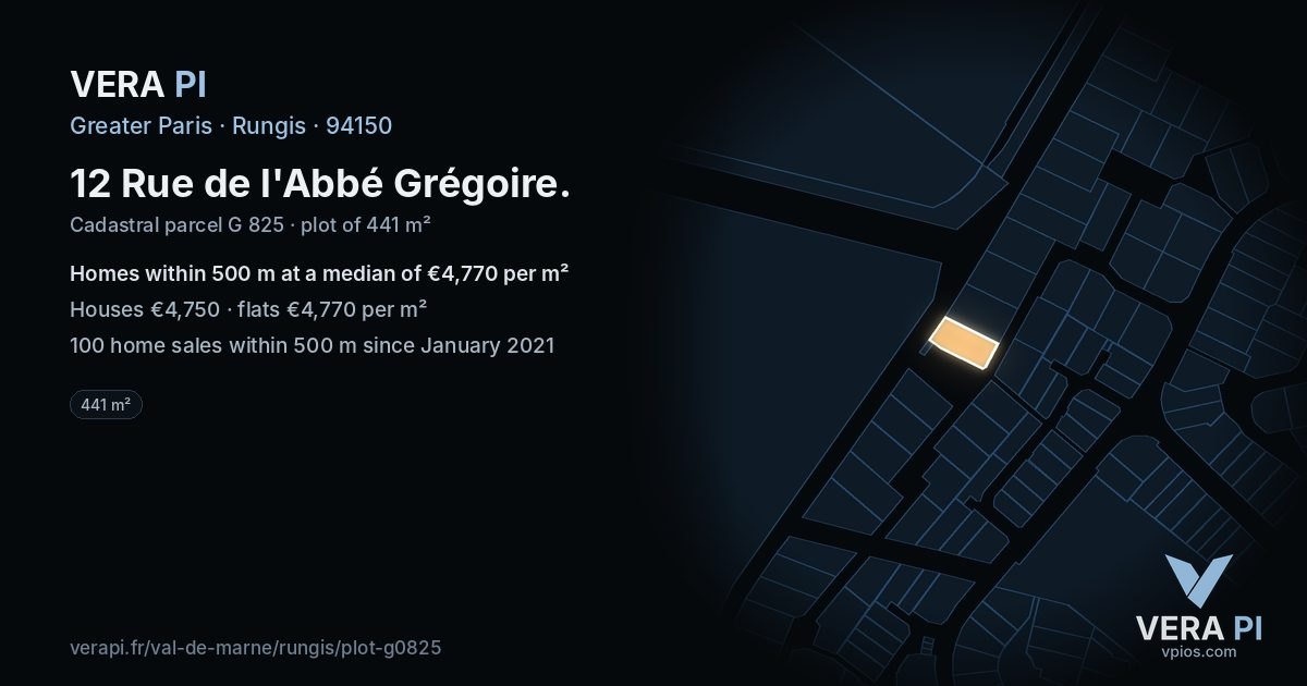 12 Rue de l'Abbé Grégoire, Rungis at night – the plot lit, the parcels around coloured by the prices near them