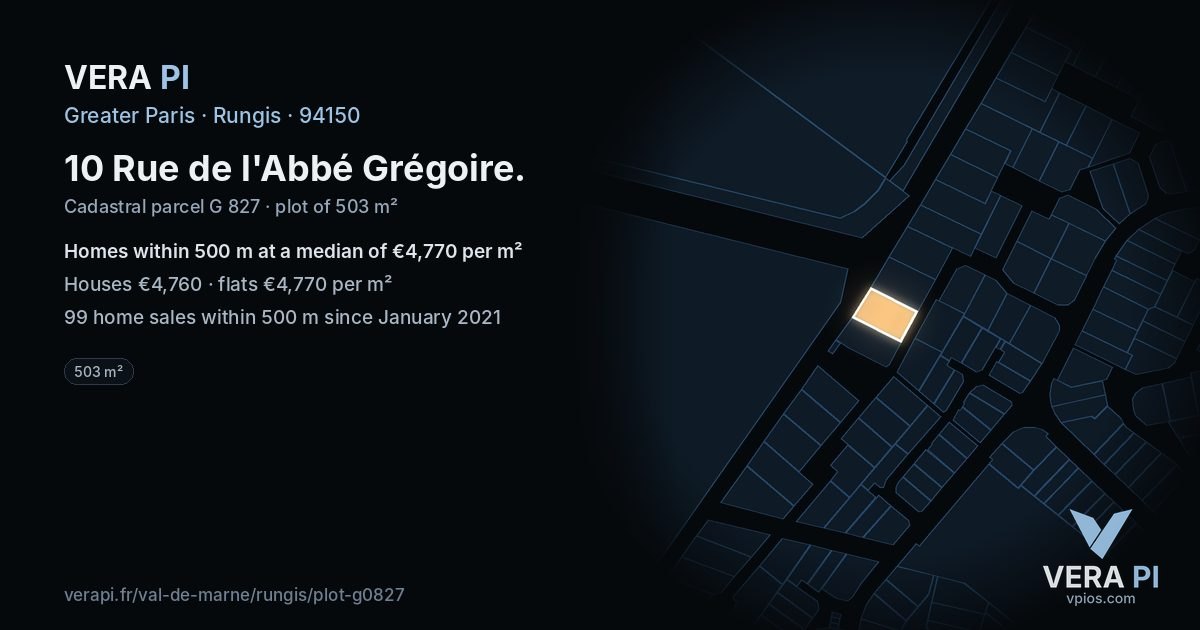 10 Rue de l'Abbé Grégoire, Rungis at night – the plot lit, the parcels around coloured by the prices near them