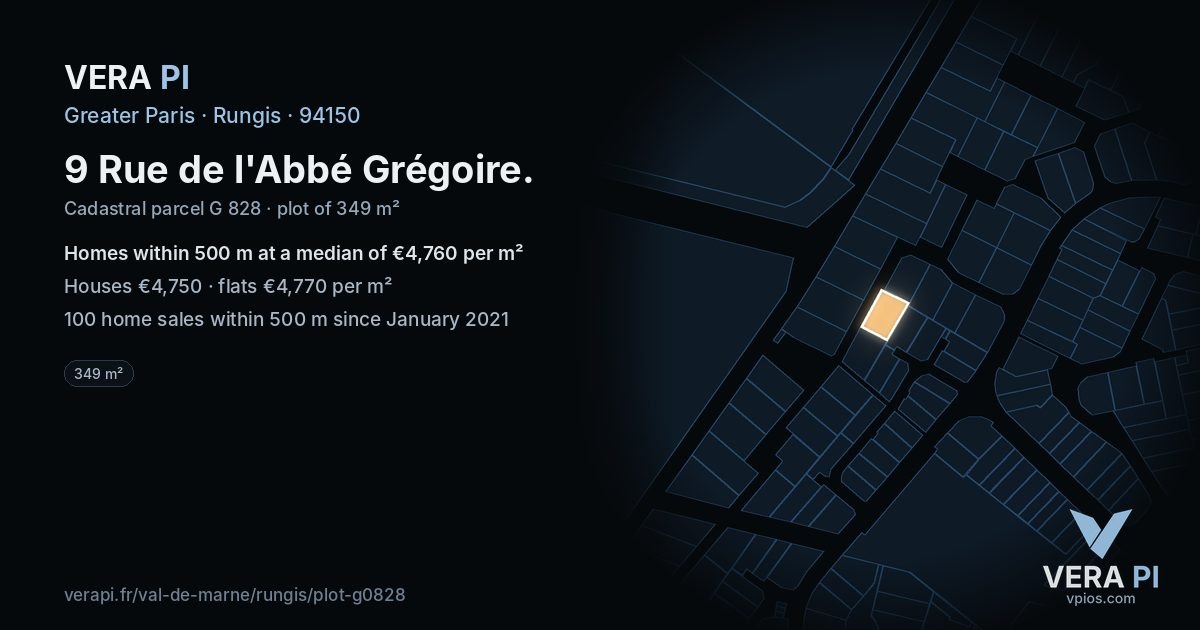 9 Rue de l'Abbé Grégoire, Rungis at night – the plot lit, the parcels around coloured by the prices near them