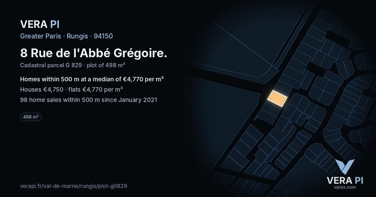 8 Rue de l'Abbé Grégoire, Rungis at night – the plot lit, the parcels around coloured by the prices near them