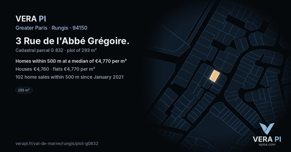 3 Rue de l'Abbé Grégoire, Rungis at night – the plot lit, the parcels around coloured by the prices near them