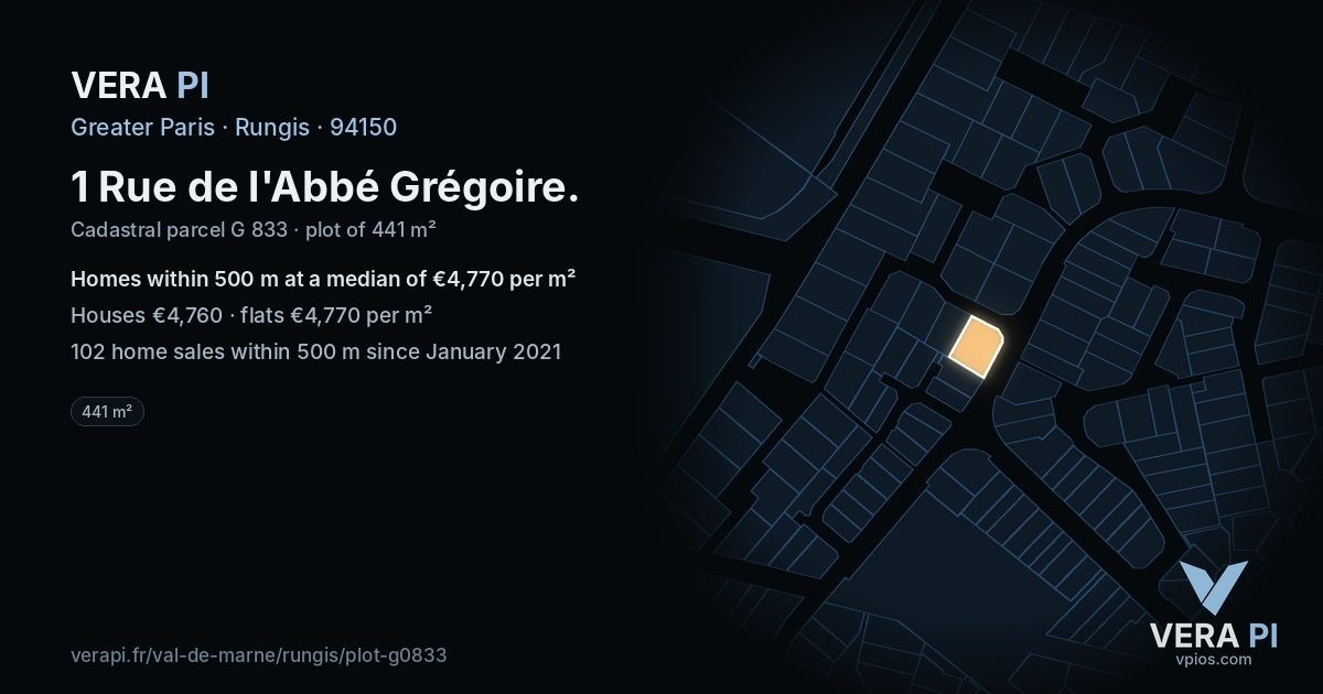 1 Rue de l'Abbé Grégoire, Rungis at night – the plot lit, the parcels around coloured by the prices near them