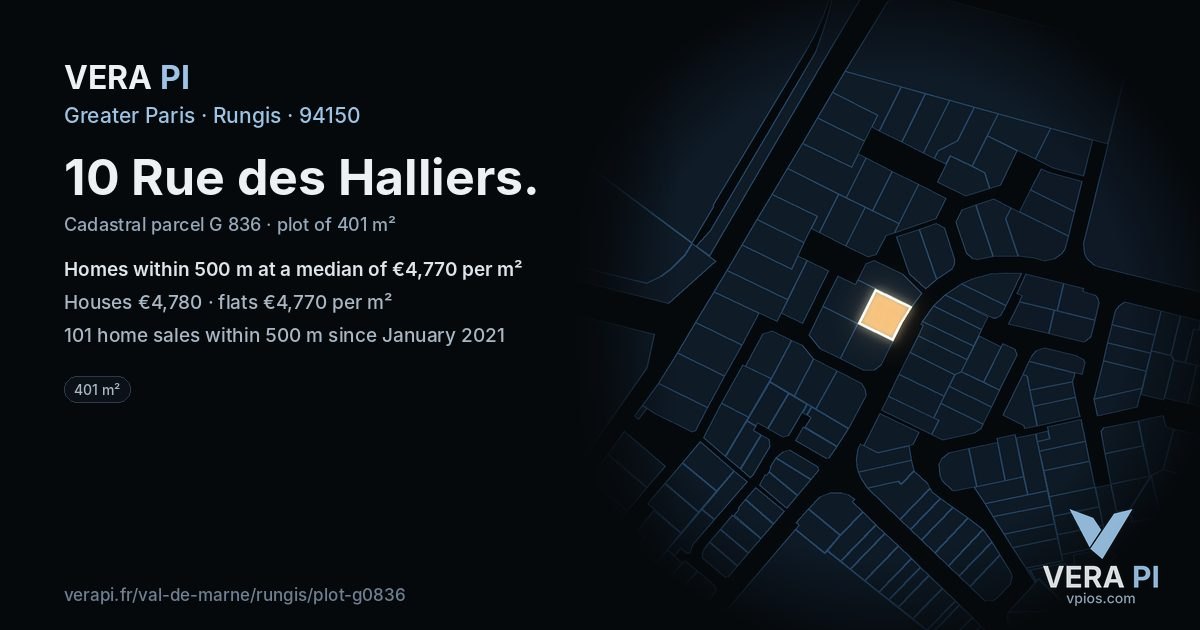 10 Rue des Halliers, Rungis at night – the plot lit, the parcels around coloured by the prices near them