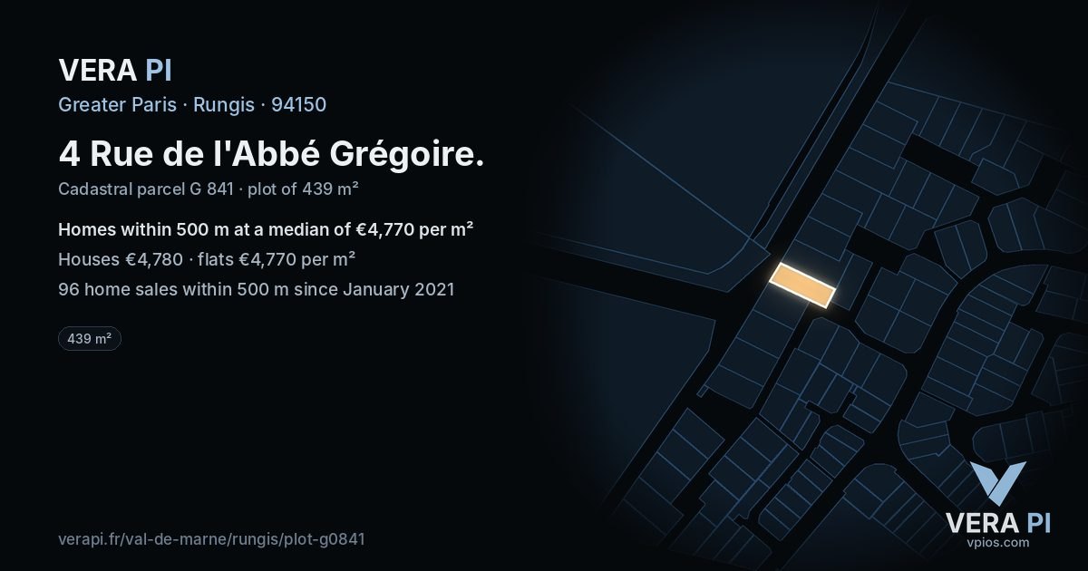4 Rue de l'Abbé Grégoire, Rungis at night – the plot lit, the parcels around coloured by the prices near them