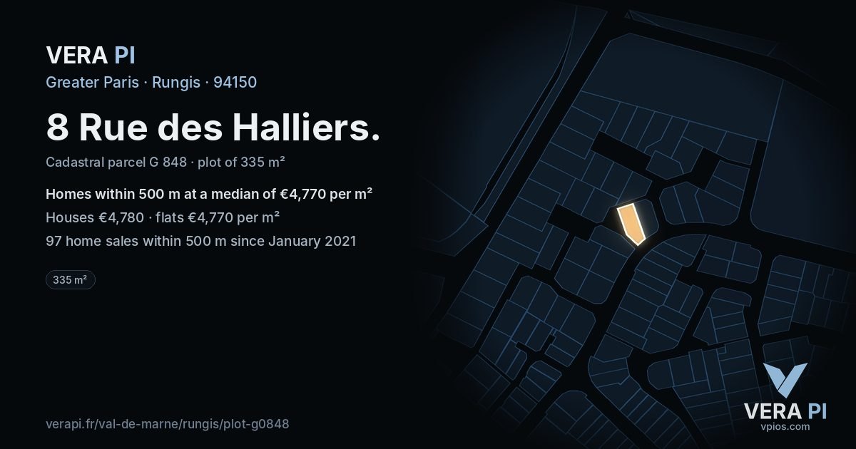 8 Rue des Halliers, Rungis at night – the plot lit, the parcels around coloured by the prices near them