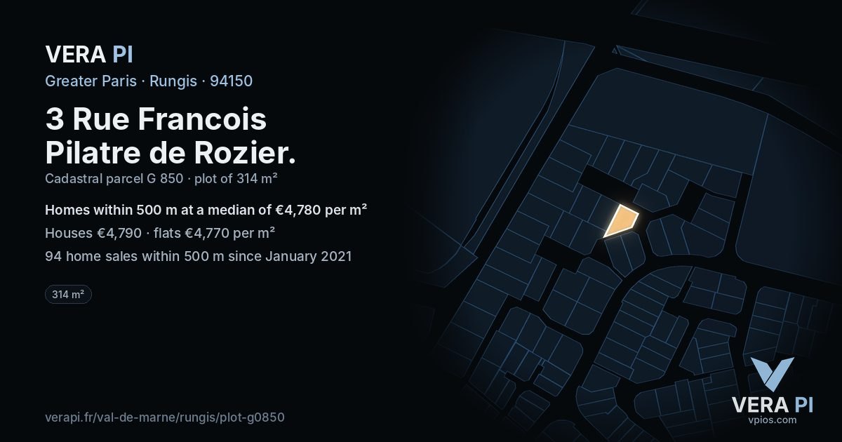 3 Rue Francois Pilatre de Rozier, Rungis at night – the plot lit, the parcels around coloured by the prices near them