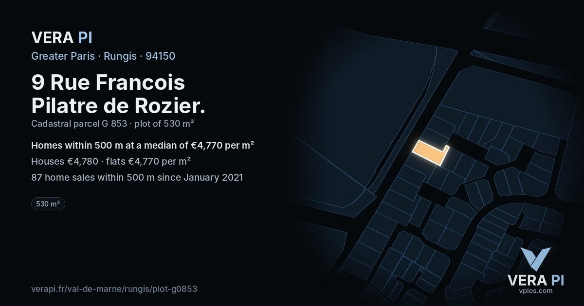 9 Rue Francois Pilatre de Rozier, Rungis at night – the plot lit, the parcels around coloured by the prices near them