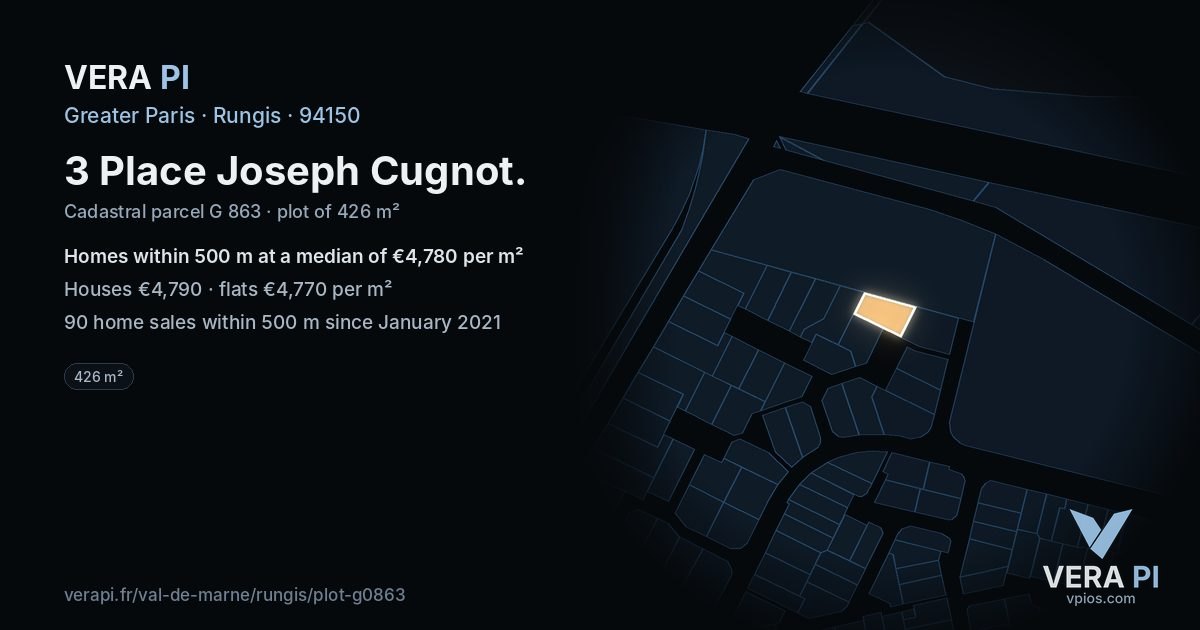 3 Place Joseph Cugnot, Rungis at night – the plot lit, the parcels around coloured by the prices near them