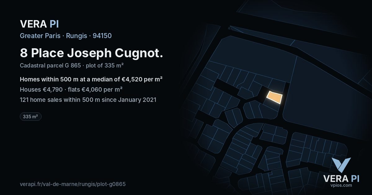 8 Place Joseph Cugnot, Rungis at night – the plot lit, the parcels around coloured by the prices near them