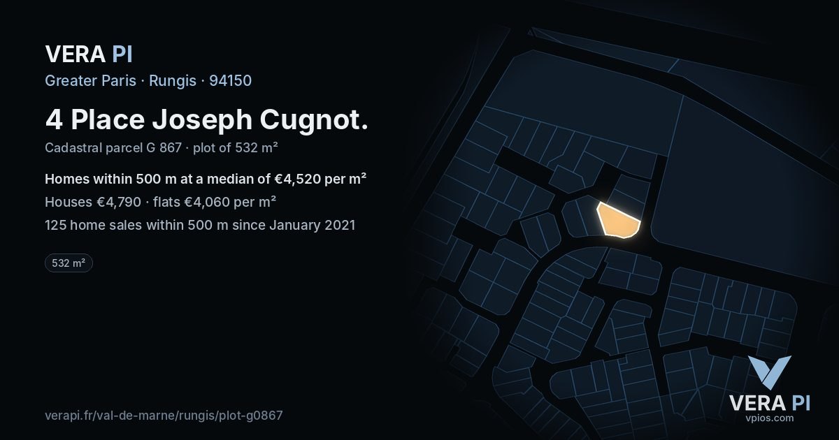 4 Place Joseph Cugnot, Rungis at night – the plot lit, the parcels around coloured by the prices near them