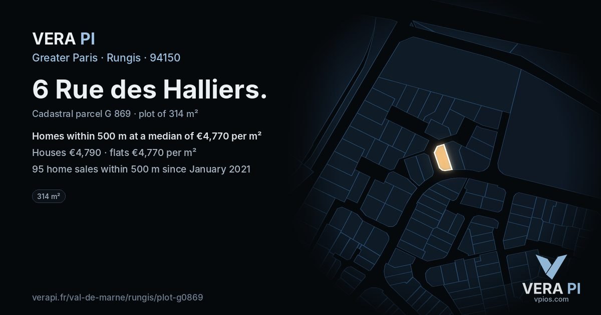 6 Rue des Halliers, Rungis at night – the plot lit, the parcels around coloured by the prices near them