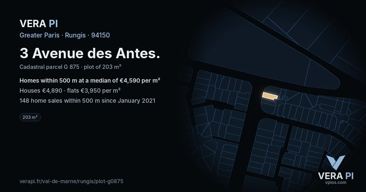 3 Avenue des Antes, Rungis at night – the plot lit, the parcels around coloured by the prices near them