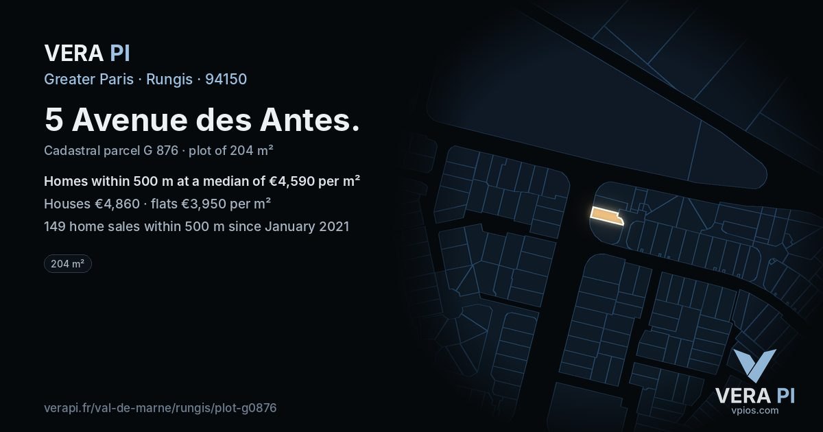5 Avenue des Antes, Rungis at night – the plot lit, the parcels around coloured by the prices near them