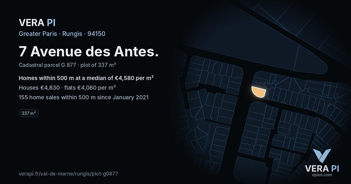 7 Avenue des Antes, Rungis at night – the plot lit, the parcels around coloured by the prices near them