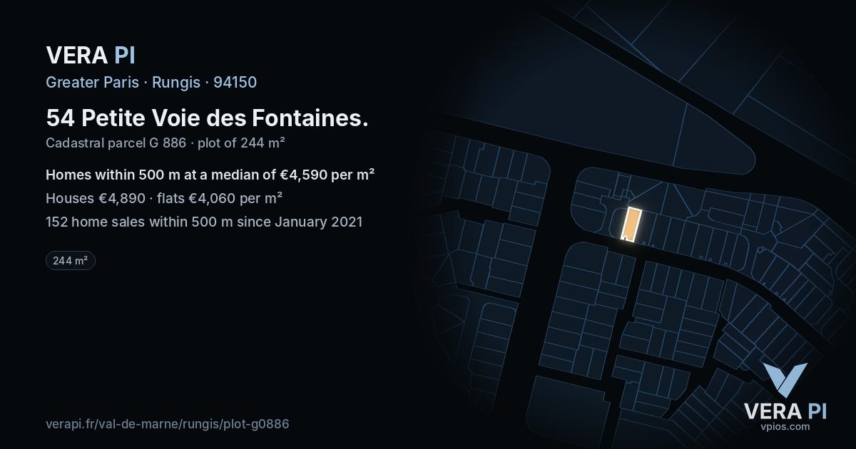 54 Petite Voie des Fontaines, Rungis at night – the plot lit, the parcels around coloured by the prices near them