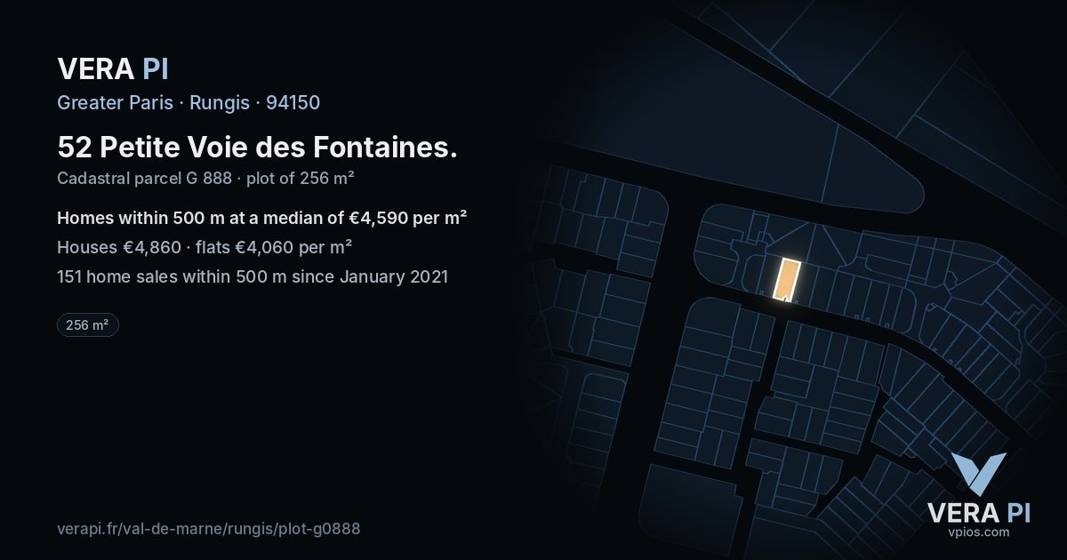 52 Petite Voie des Fontaines, Rungis at night – the plot lit, the parcels around coloured by the prices near them