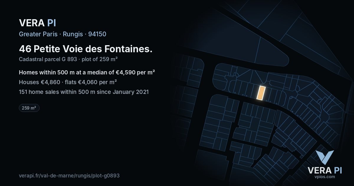 46 Petite Voie des Fontaines, Rungis at night – the plot lit, the parcels around coloured by the prices near them