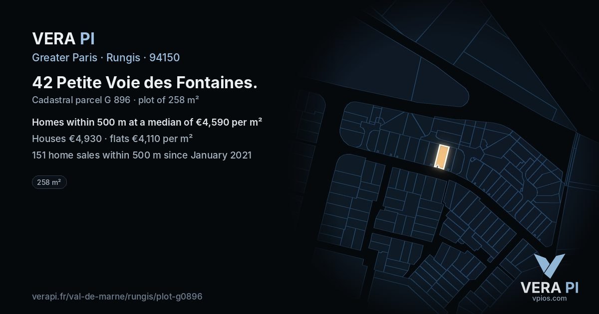 42 Petite Voie des Fontaines, Rungis at night – the plot lit, the parcels around coloured by the prices near them