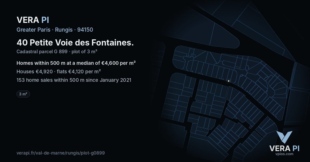 40 Petite Voie des Fontaines, Rungis at night – the plot lit, the parcels around coloured by the prices near them