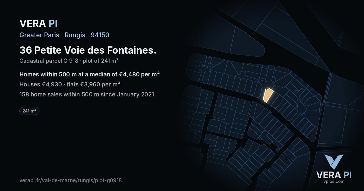 36 Petite Voie des Fontaines, Rungis at night – the plot lit, the parcels around coloured by the prices near them