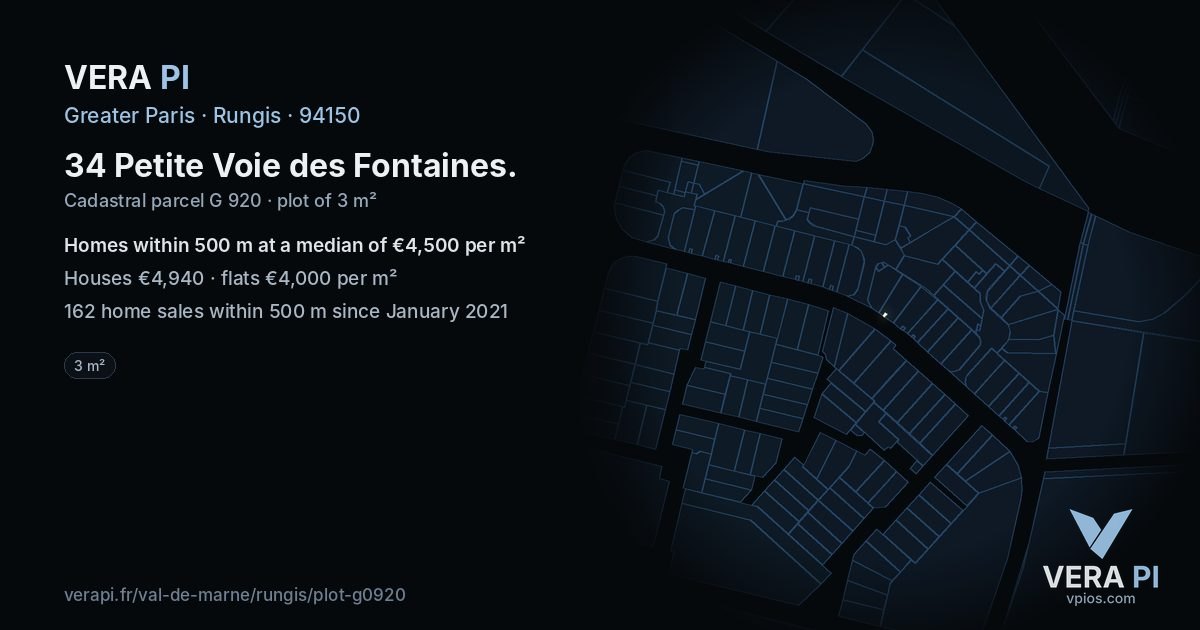 34 Petite Voie des Fontaines, Rungis at night – the plot lit, the parcels around coloured by the prices near them