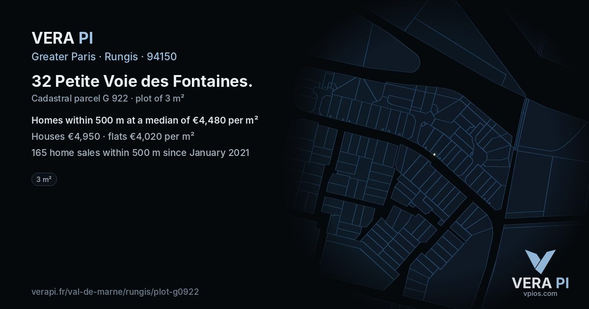 32 Petite Voie des Fontaines, Rungis at night – the plot lit, the parcels around coloured by the prices near them