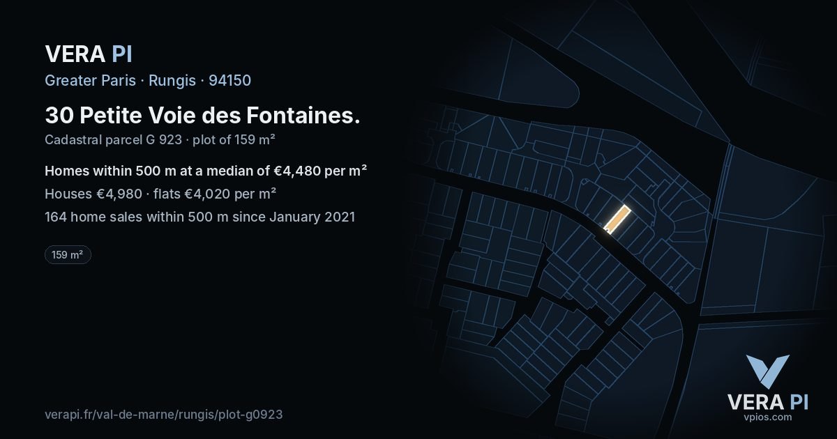 30 Petite Voie des Fontaines, Rungis at night – the plot lit, the parcels around coloured by the prices near them