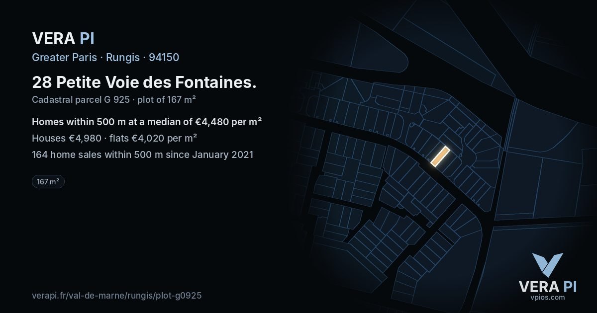 28 Petite Voie des Fontaines, Rungis at night – the plot lit, the parcels around coloured by the prices near them