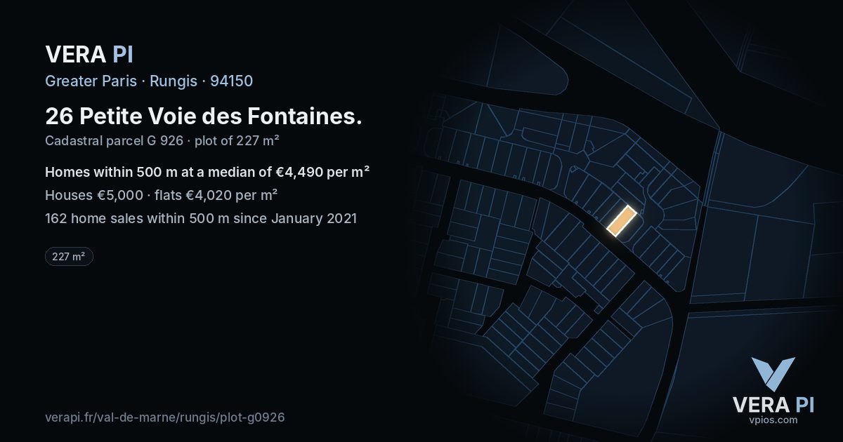26 Petite Voie des Fontaines, Rungis at night – the plot lit, the parcels around coloured by the prices near them