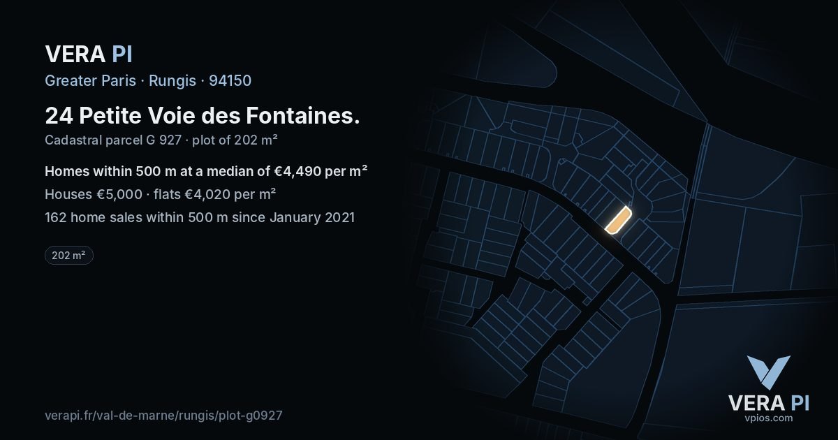 24 Petite Voie des Fontaines, Rungis at night – the plot lit, the parcels around coloured by the prices near them
