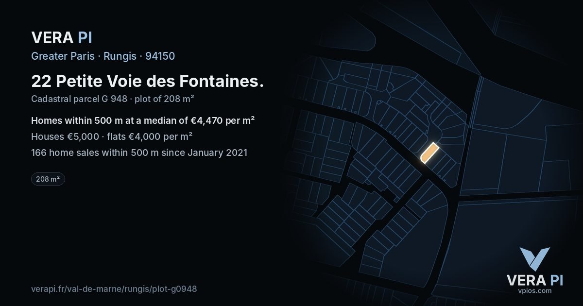 22 Petite Voie des Fontaines, Rungis at night – the plot lit, the parcels around coloured by the prices near them