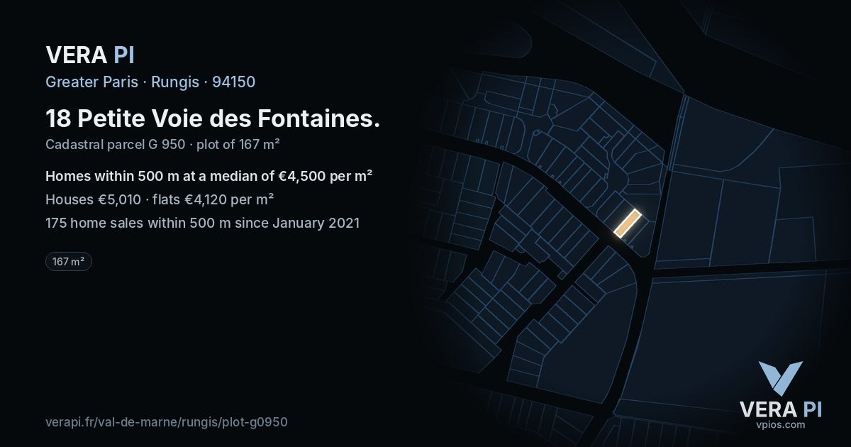 18 Petite Voie des Fontaines, Rungis at night – the plot lit, the parcels around coloured by the prices near them
