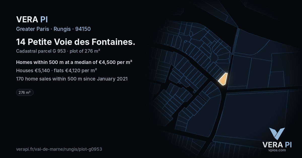 14 Petite Voie des Fontaines, Rungis at night – the plot lit, the parcels around coloured by the prices near them
