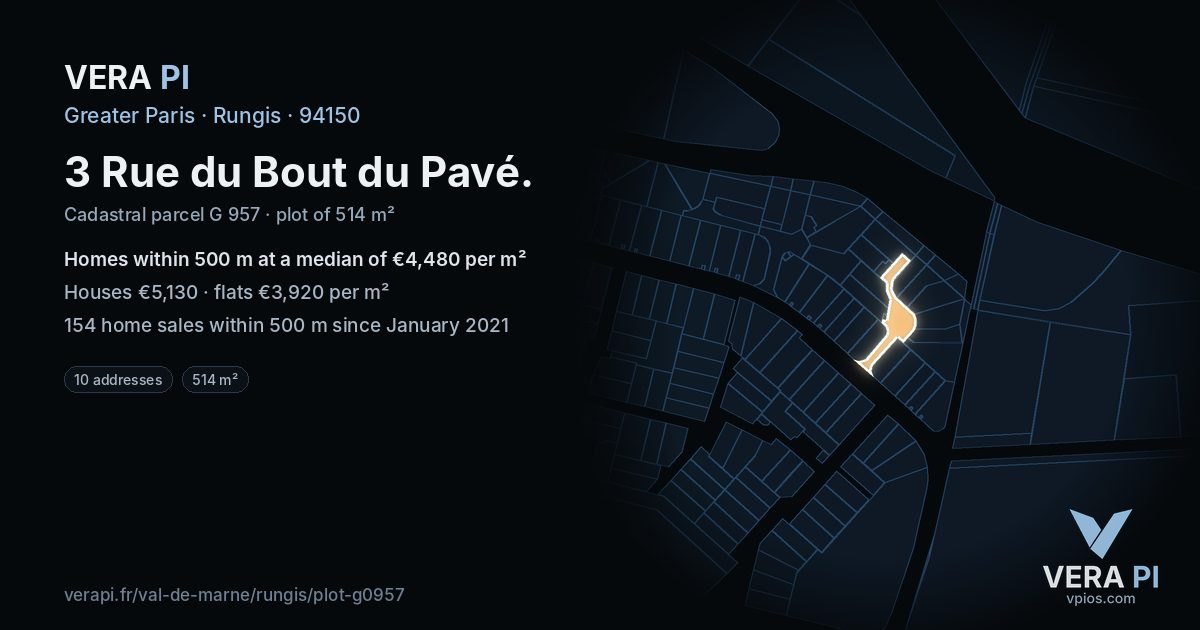 3 Rue du Bout du Pavé, Rungis at night – the plot lit, the parcels around coloured by the prices near them